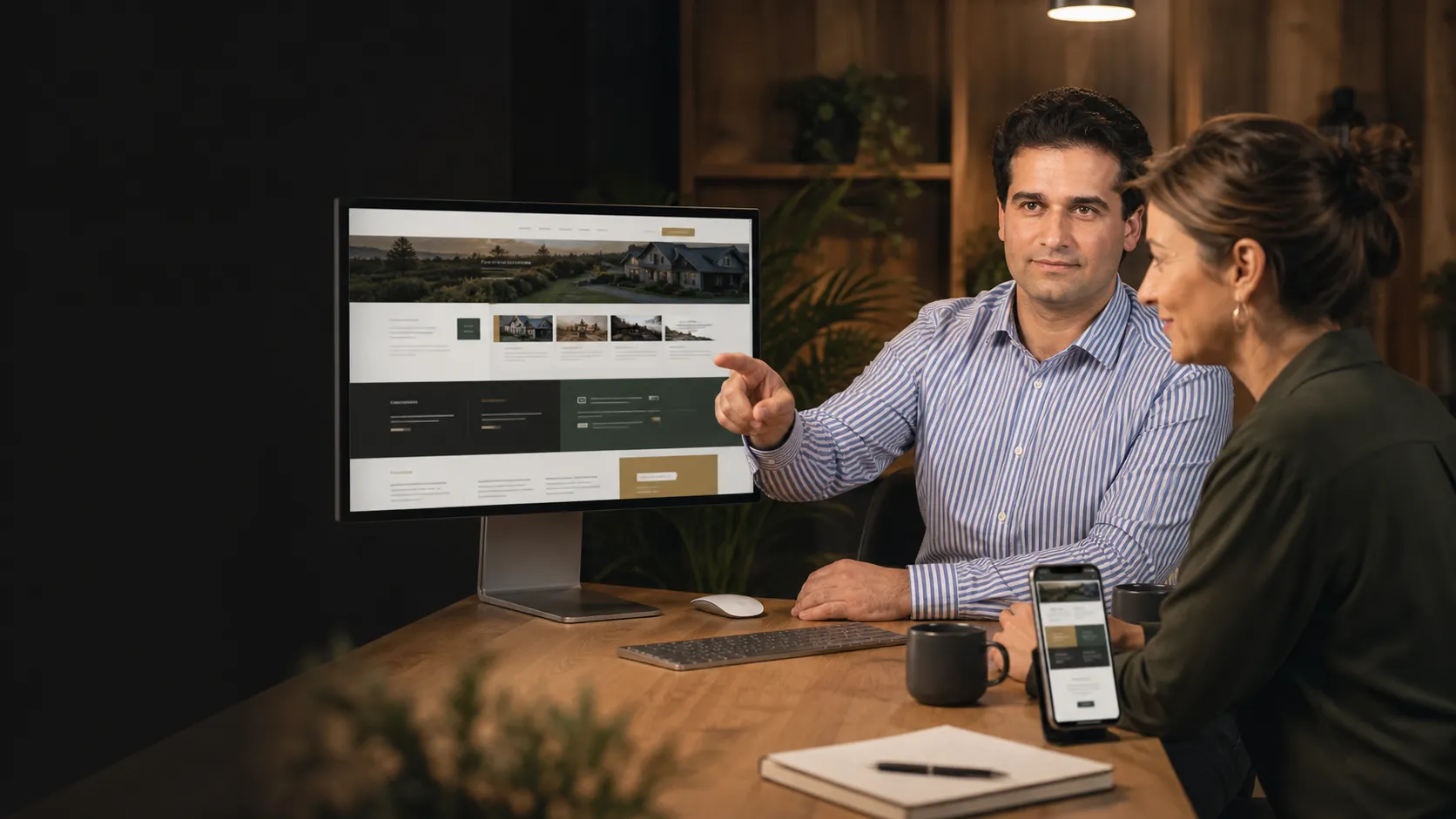 Illustrative scene of Cyrus Parsa reviewing a clear, responsive local business website with a business owner.