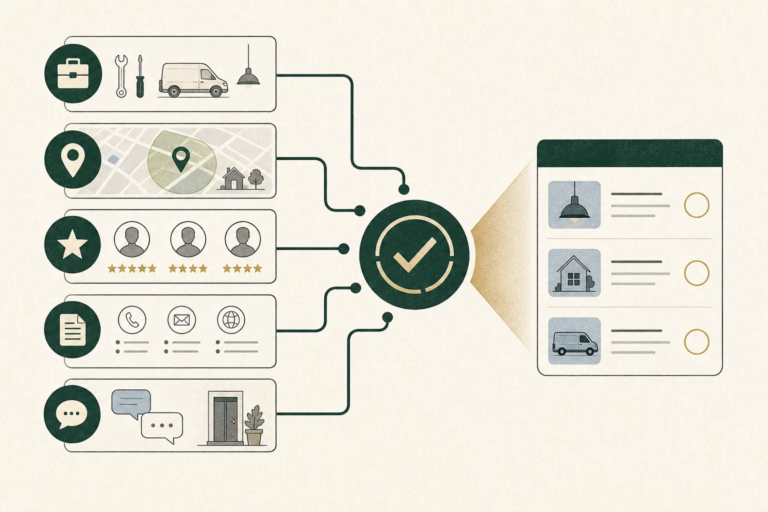Editorial diagram showing service details, location relevance, customer evidence, consistent business information and helpful answers combining into a local business shortlist.