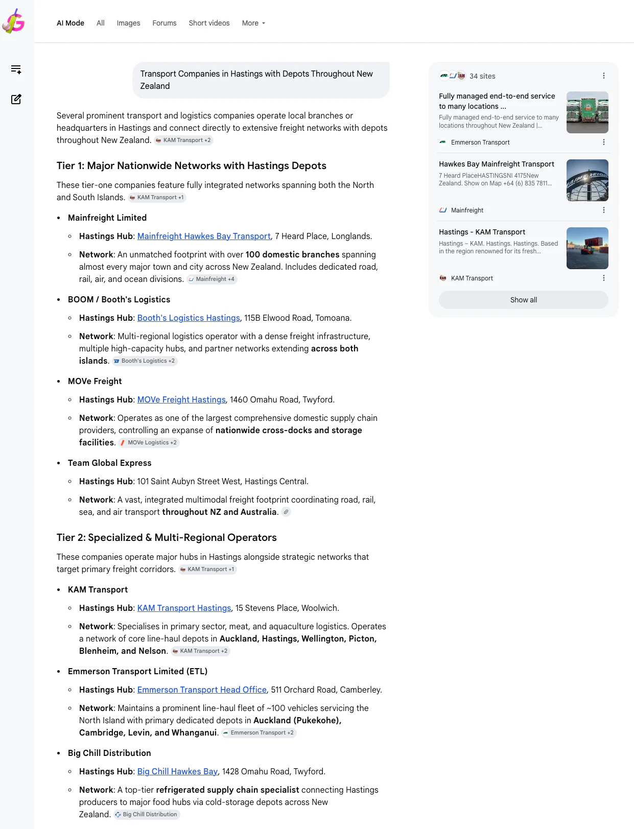 Google AI Mode screenshot for transport companies in Hastings with depots throughout New Zealand showing a tiered transport list.
