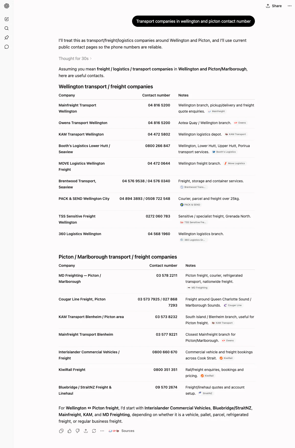 ChatGPT screenshot listing transport and freight companies around Wellington and Picton with the client included in relevant areas.