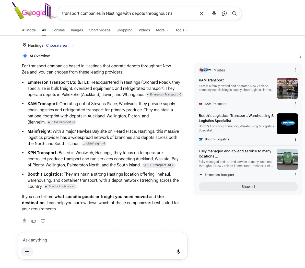 Google AI Overview screenshot for transport companies in Hastings with depots throughout NZ showing a transport business in the answer and source panel.
