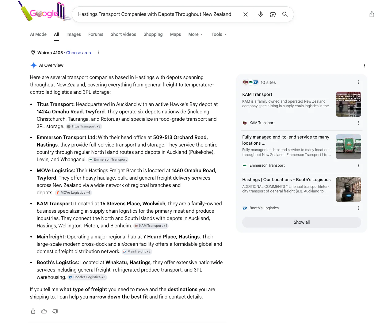 Google AI Overview screenshot for Hastings transport companies with depots throughout New Zealand showing a prominent source card.