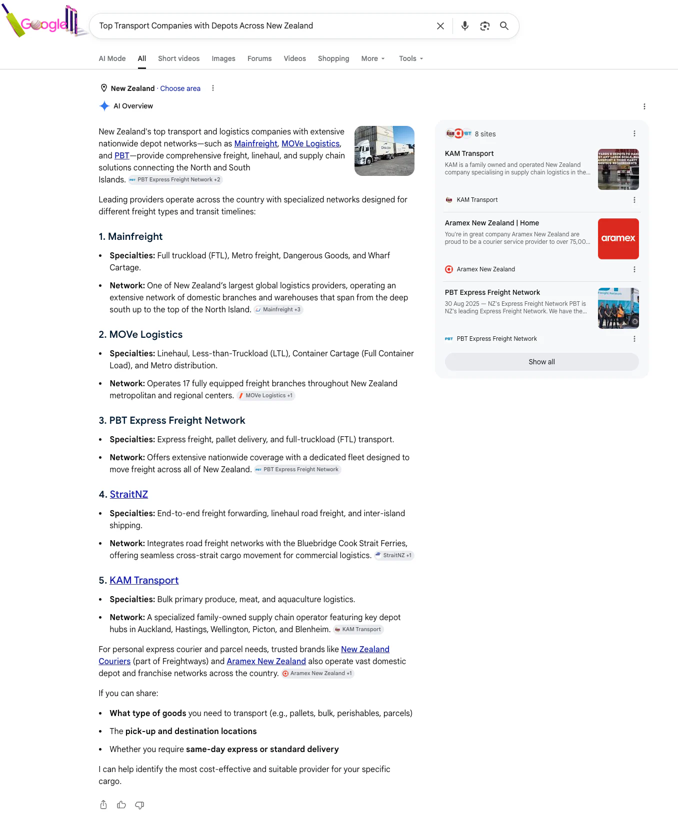 Google AI Overview screenshot for top transport companies with depots across New Zealand including the business in the source panel and answer.