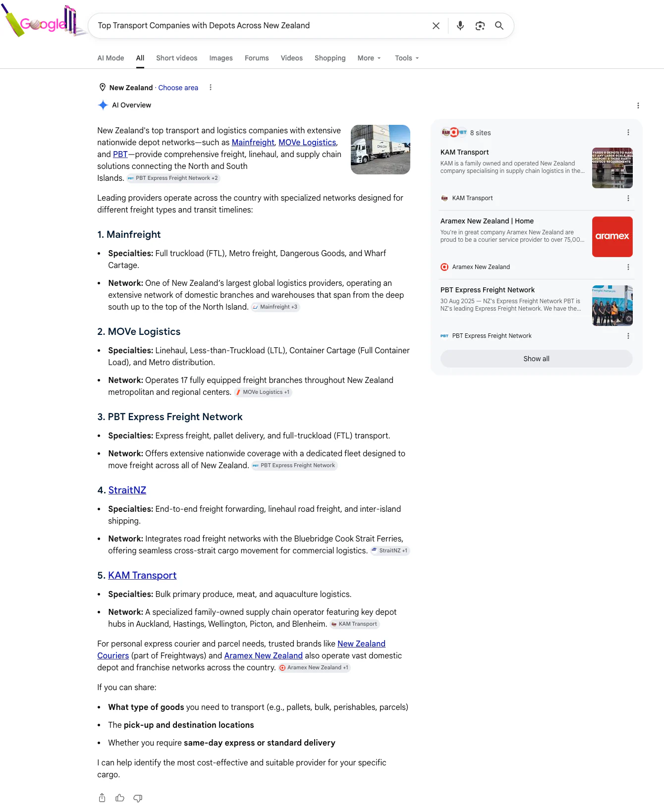 Google AI Overview screenshot for top transport companies with depots across New Zealand showing a national freight shortlist.