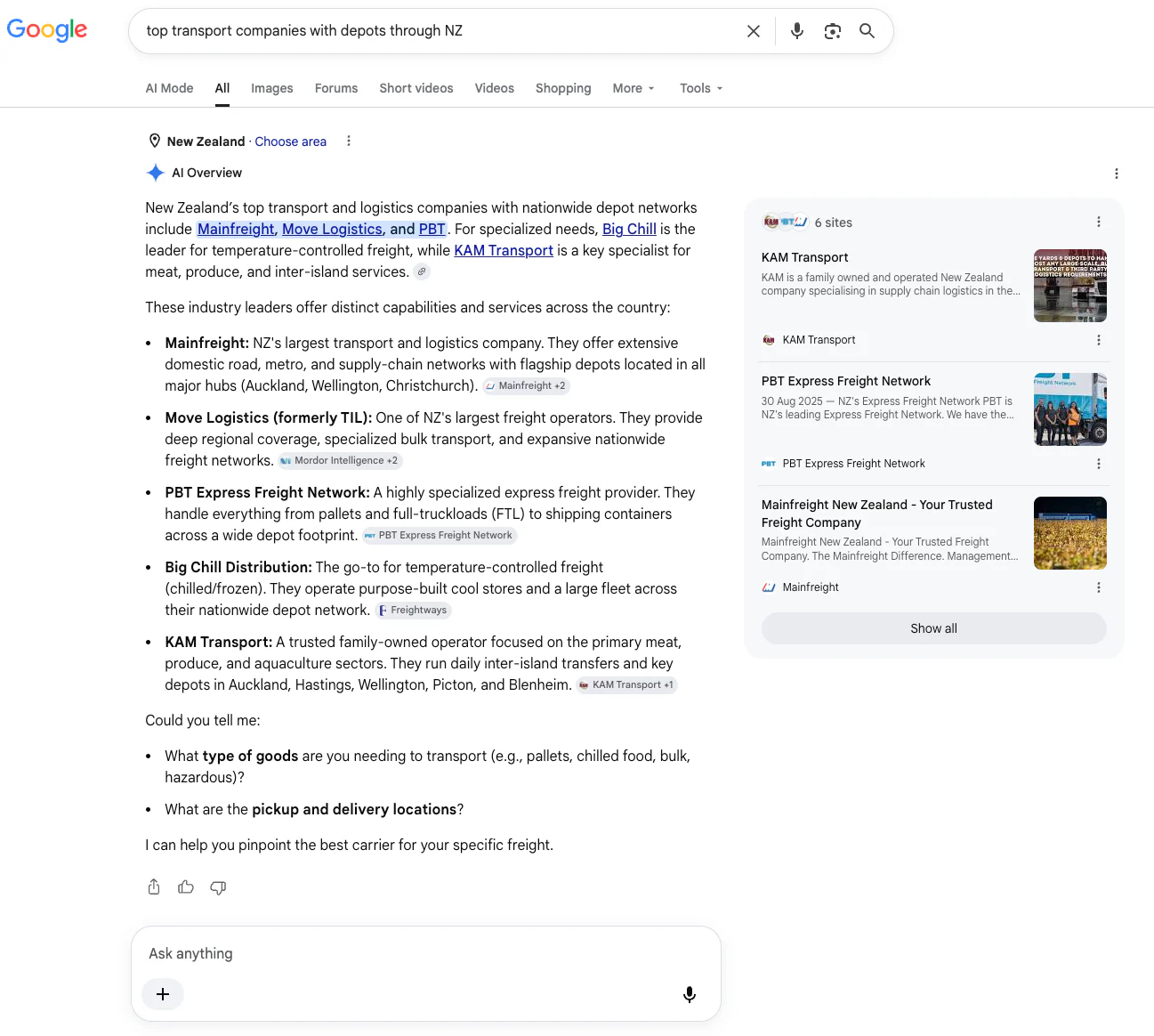 Google AI Overview screenshot for top transport companies with depots through NZ showing a specialist freight result.