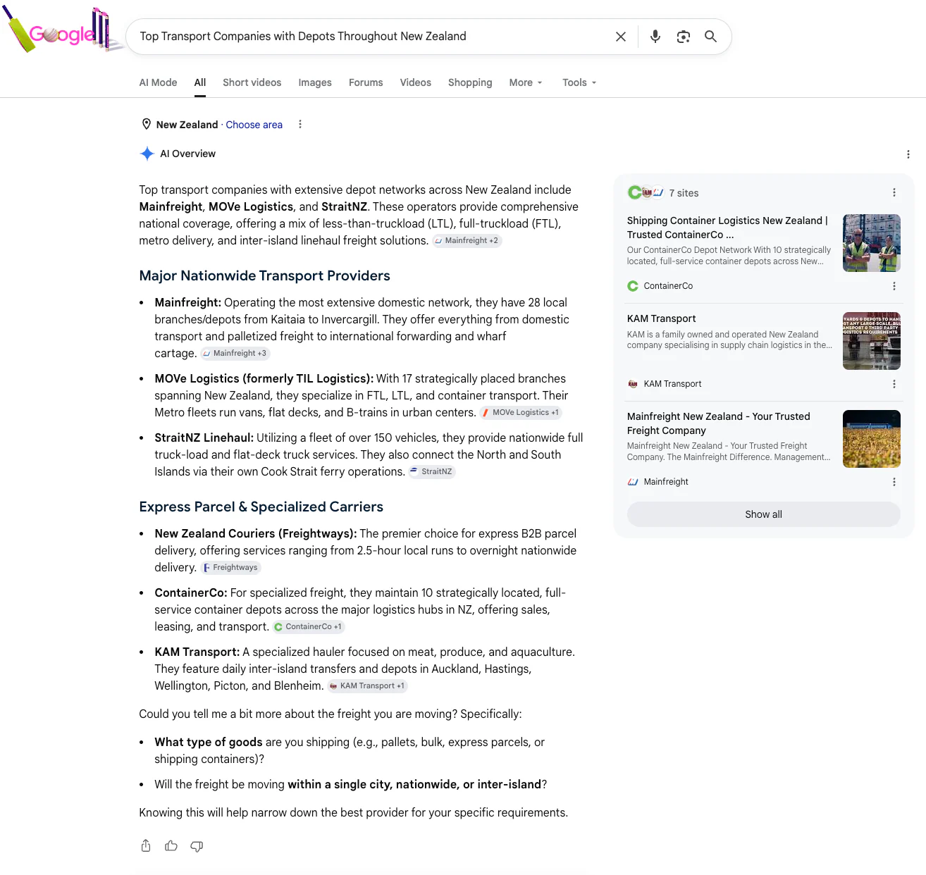 Google AI Overview screenshot for top transport companies with depots throughout New Zealand showing a specialised hauler in the list.