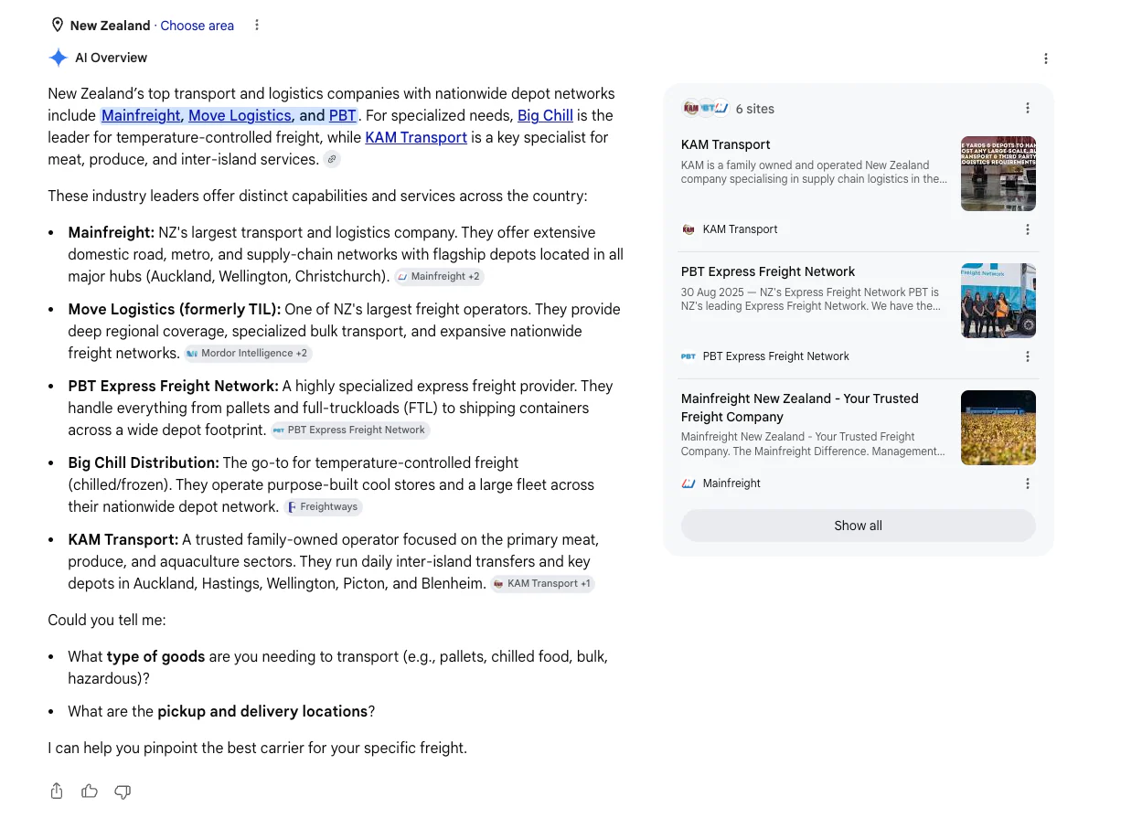 Cropped Google AI Overview screenshot for top transport companies with depots through NZ showing a source card and specialist wording.