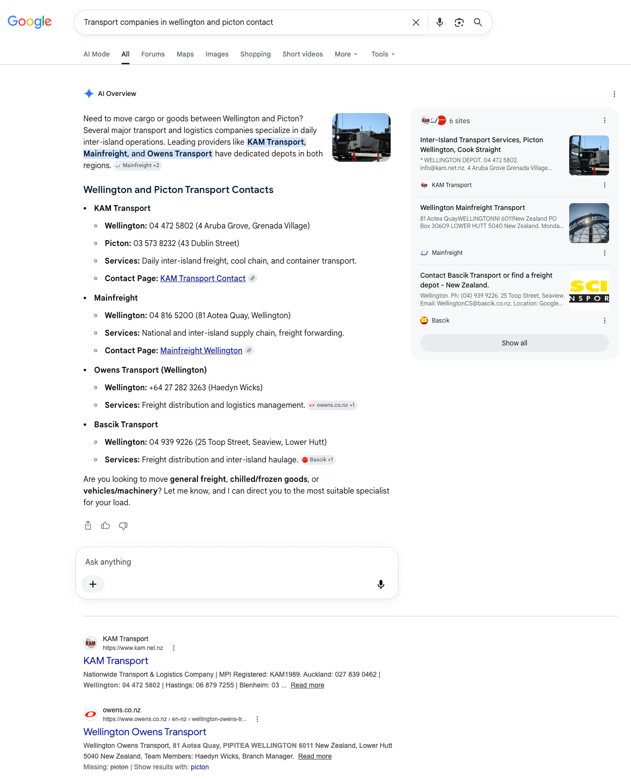 Google AI Overview screenshot for transport companies in Wellington and Picton contact showing the freight operator named in the answer and contact section.