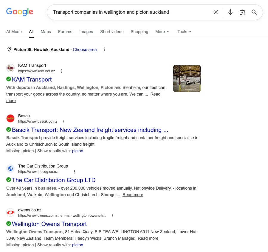 Google Search screenshot for transport companies in Wellington and Picton Auckland showing a first visible depot-related result.