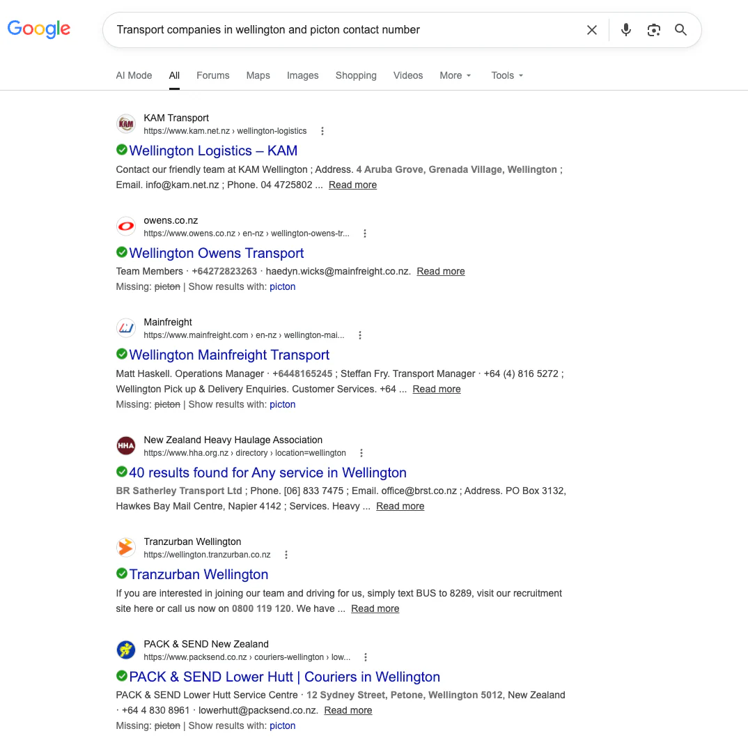 Google Search screenshot for transport companies in Wellington and Picton contact number showing the first visible organic result.