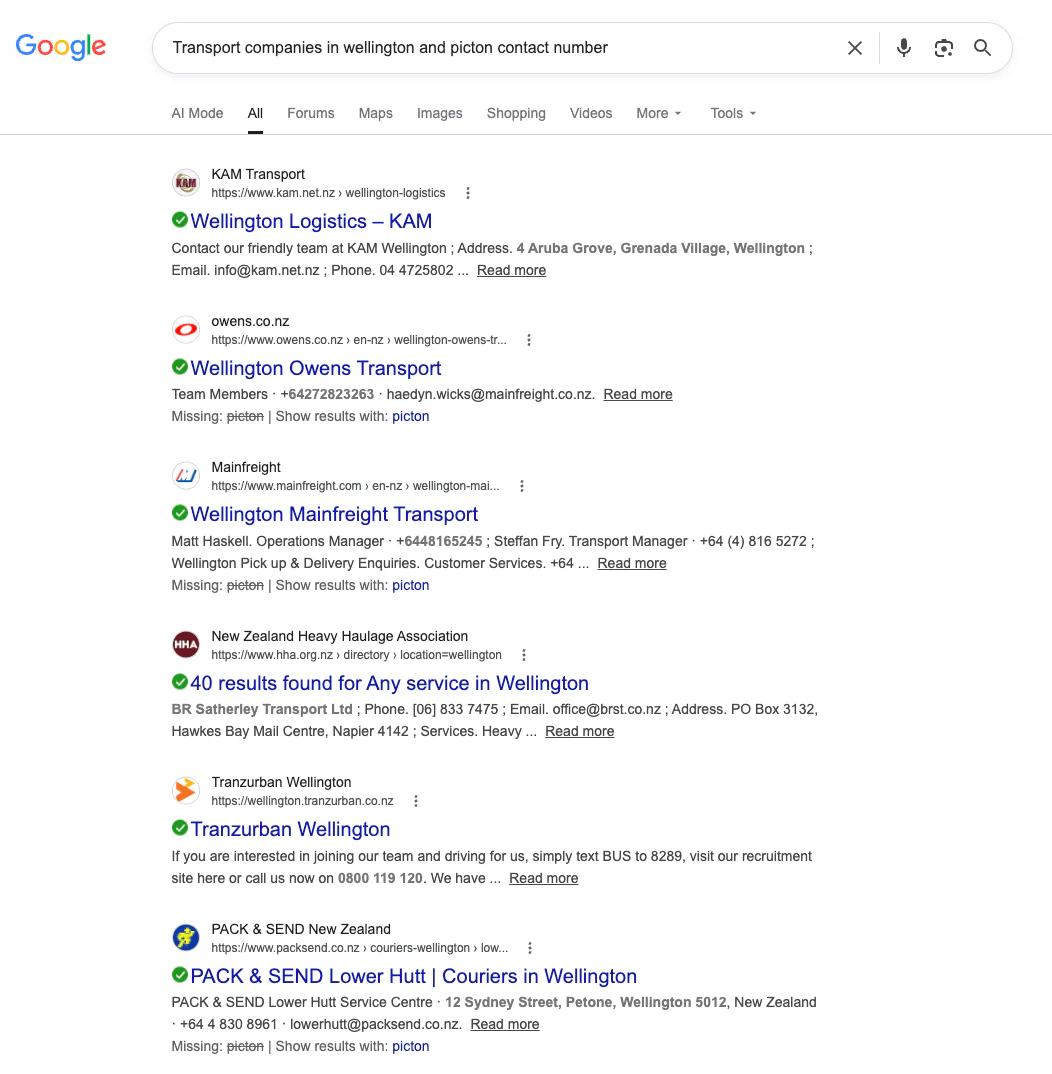 Second Google Search screenshot for transport companies in Wellington and Picton contact number showing the first visible result.