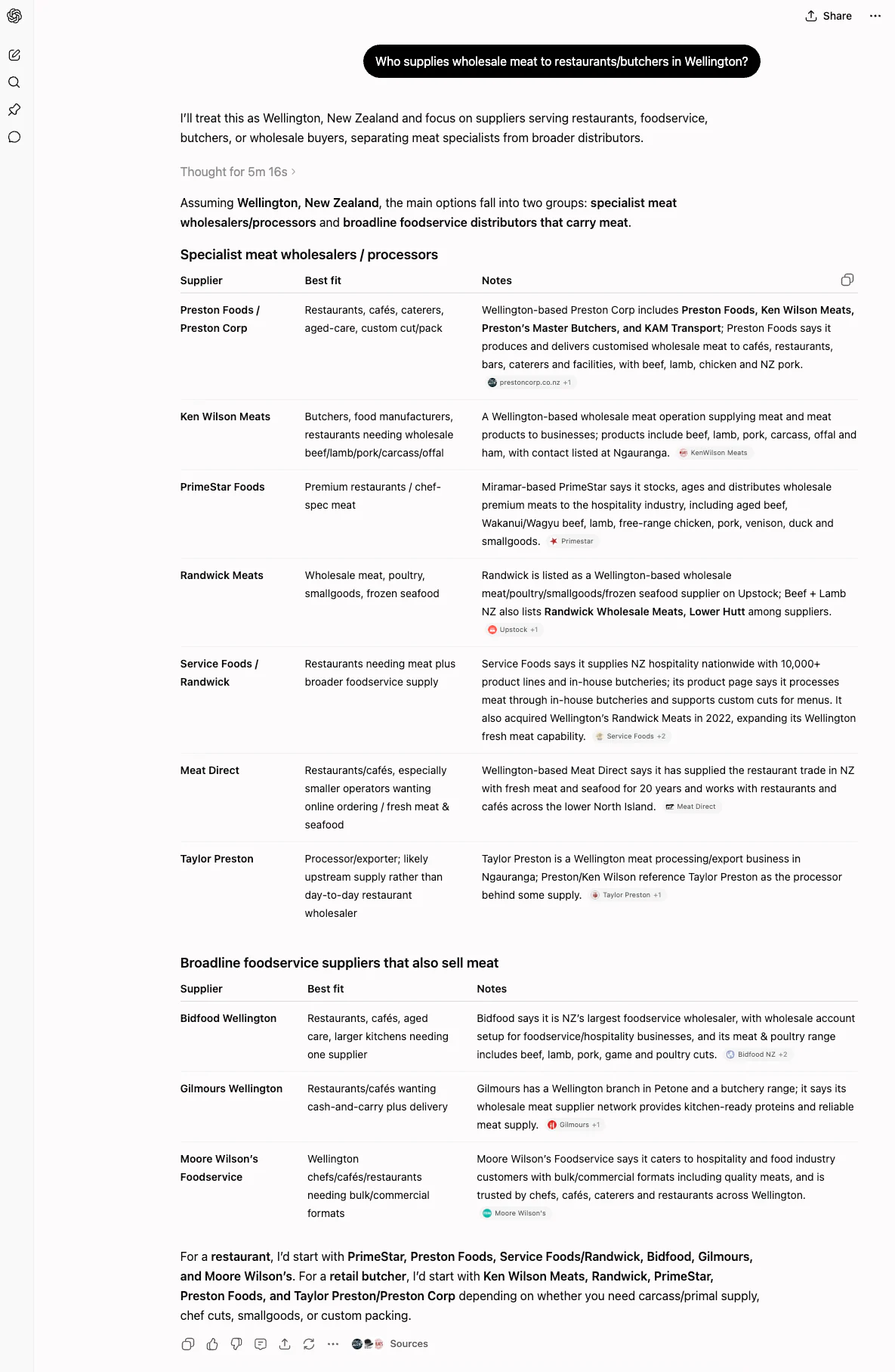 ChatGPT screenshot for wholesale meat suppliers to restaurants and butchers in Wellington showing Ken Wilson Meats and related Preston supplier context.