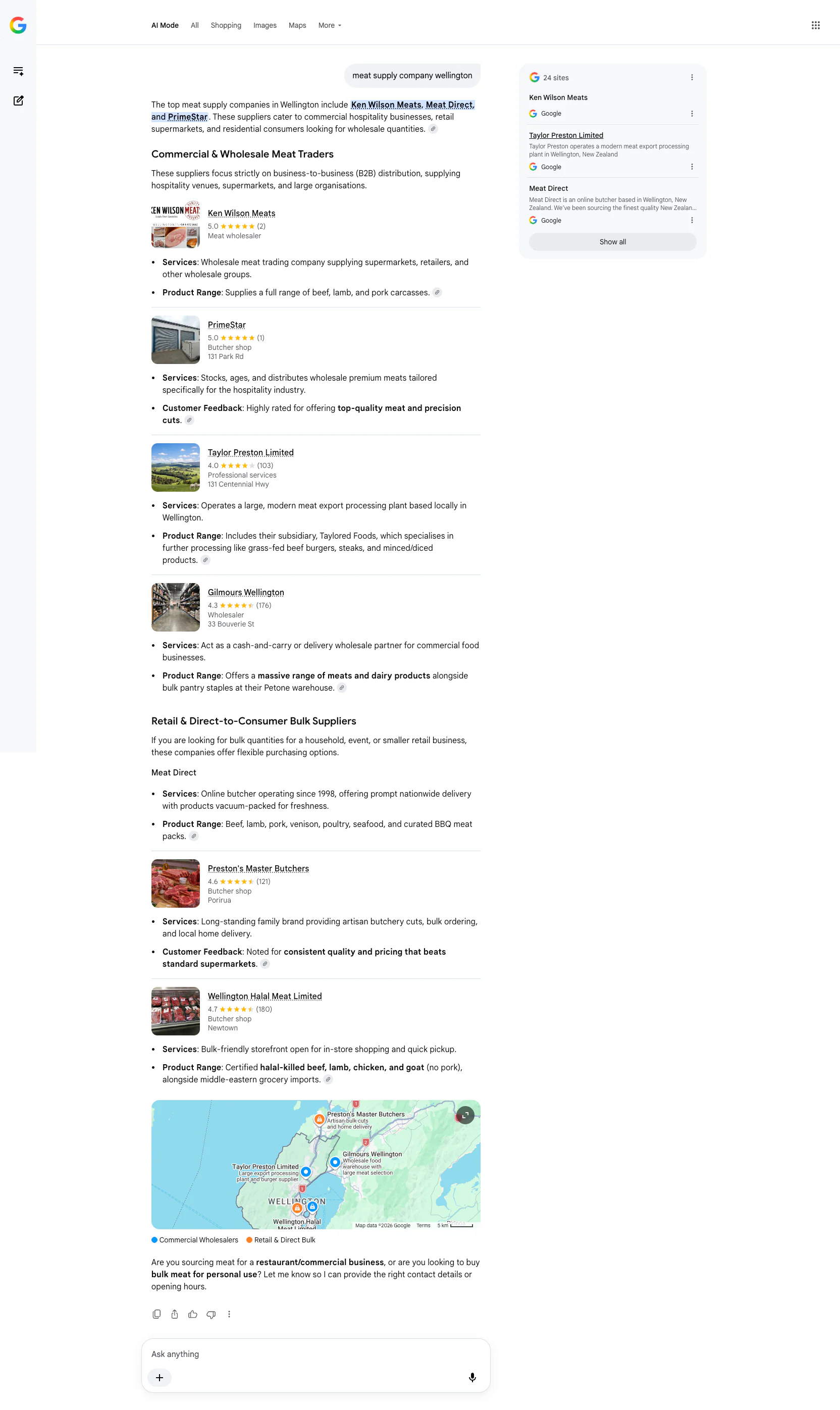 Google AI Mode screenshot for meat supply company Wellington showing Ken Wilson Meats named in the answer and listed as a commercial meat supplier.