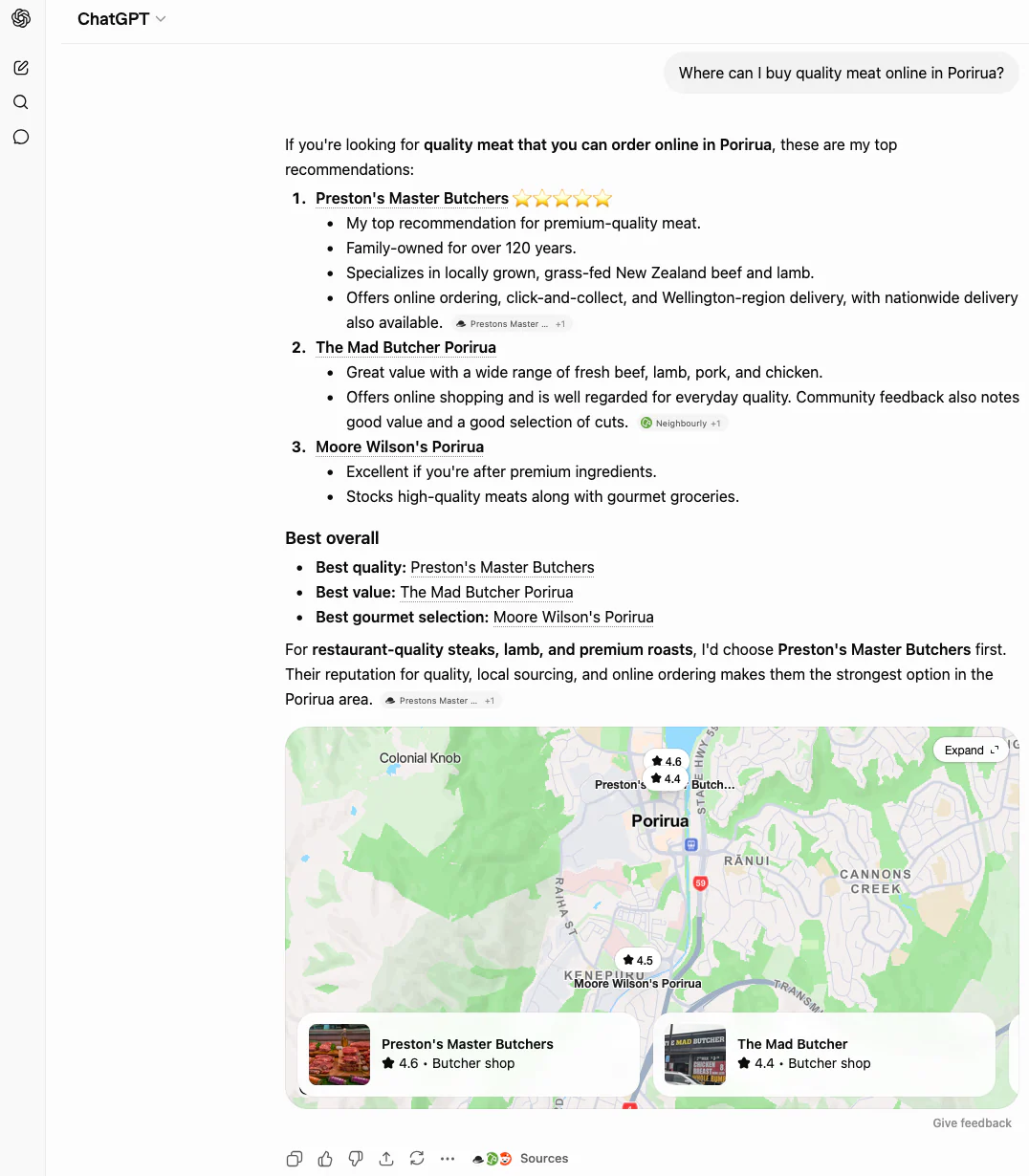 ChatGPT screenshot for where to buy quality meat online in Porirua showing Prestons Master Butchers as the top recommendation.