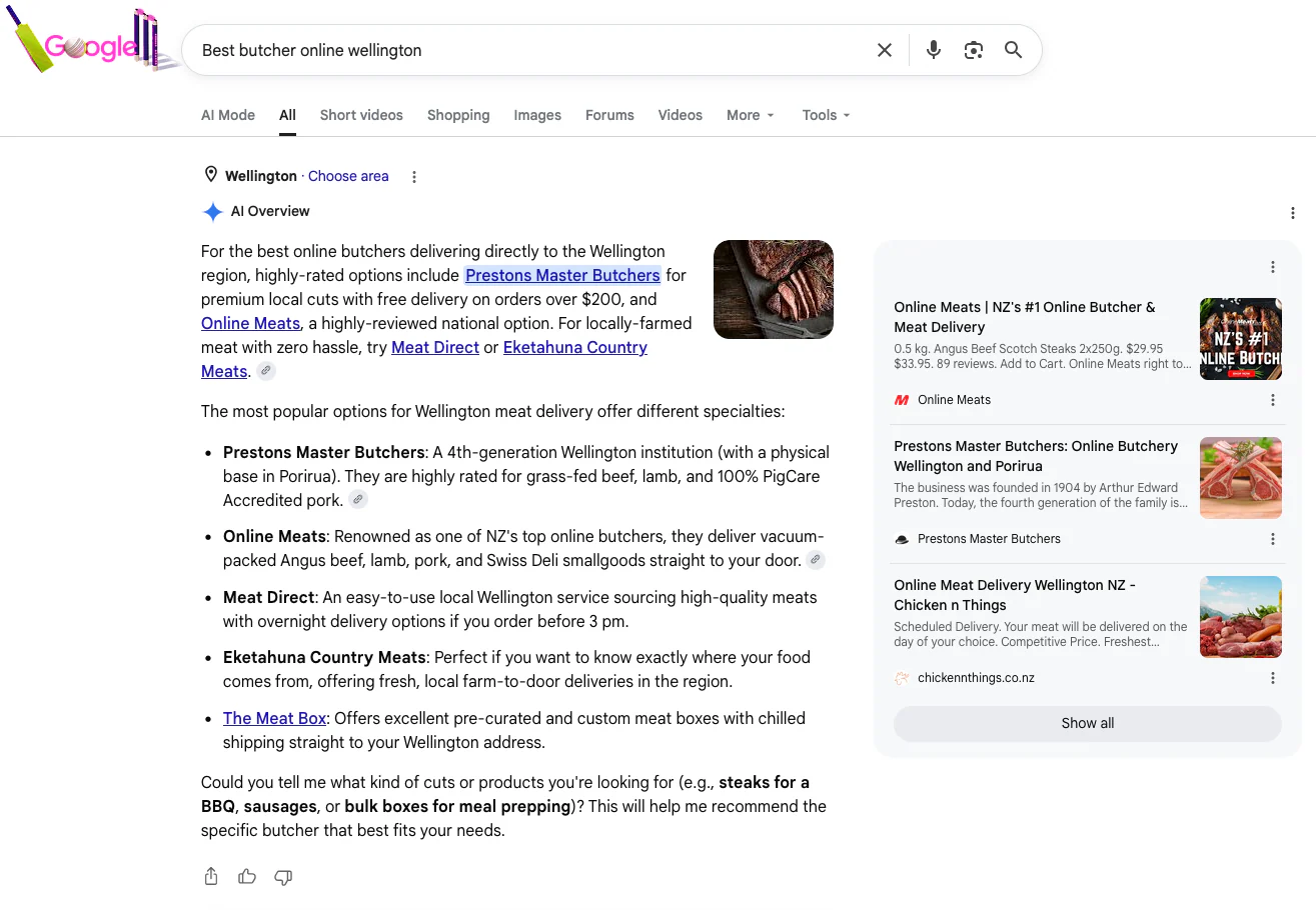 Google AI Overview screenshot for best butcher online Wellington showing Prestons Master Butchers named in the answer and source panel.