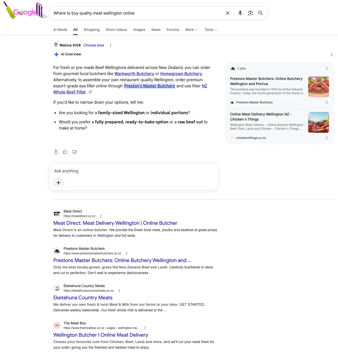 Google AI Overview screenshot for where to buy quality meat Wellington online showing Prestons Master Butchers in the answer, source panel and organic result.