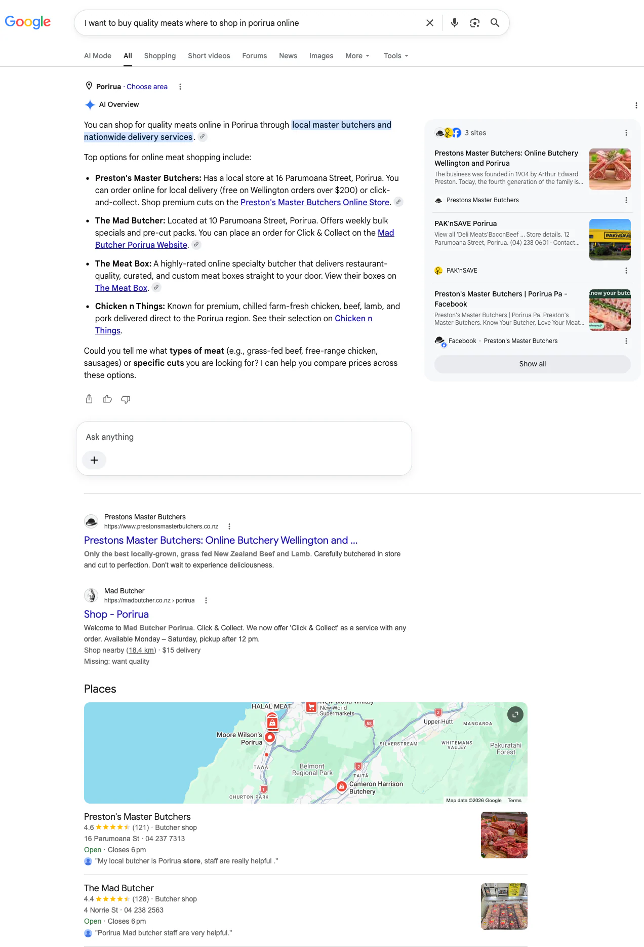 Google AI Overview screenshot for quality meats in Porirua online showing an AI answer, organic result and places map support.