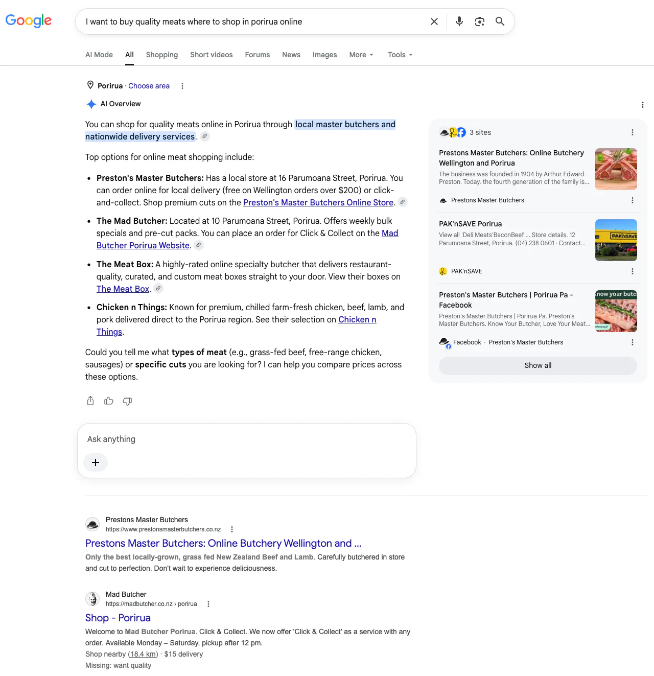 Google AI Overview screenshot for quality meats in Porirua online showing Prestons Master Butchers as the first listed option.