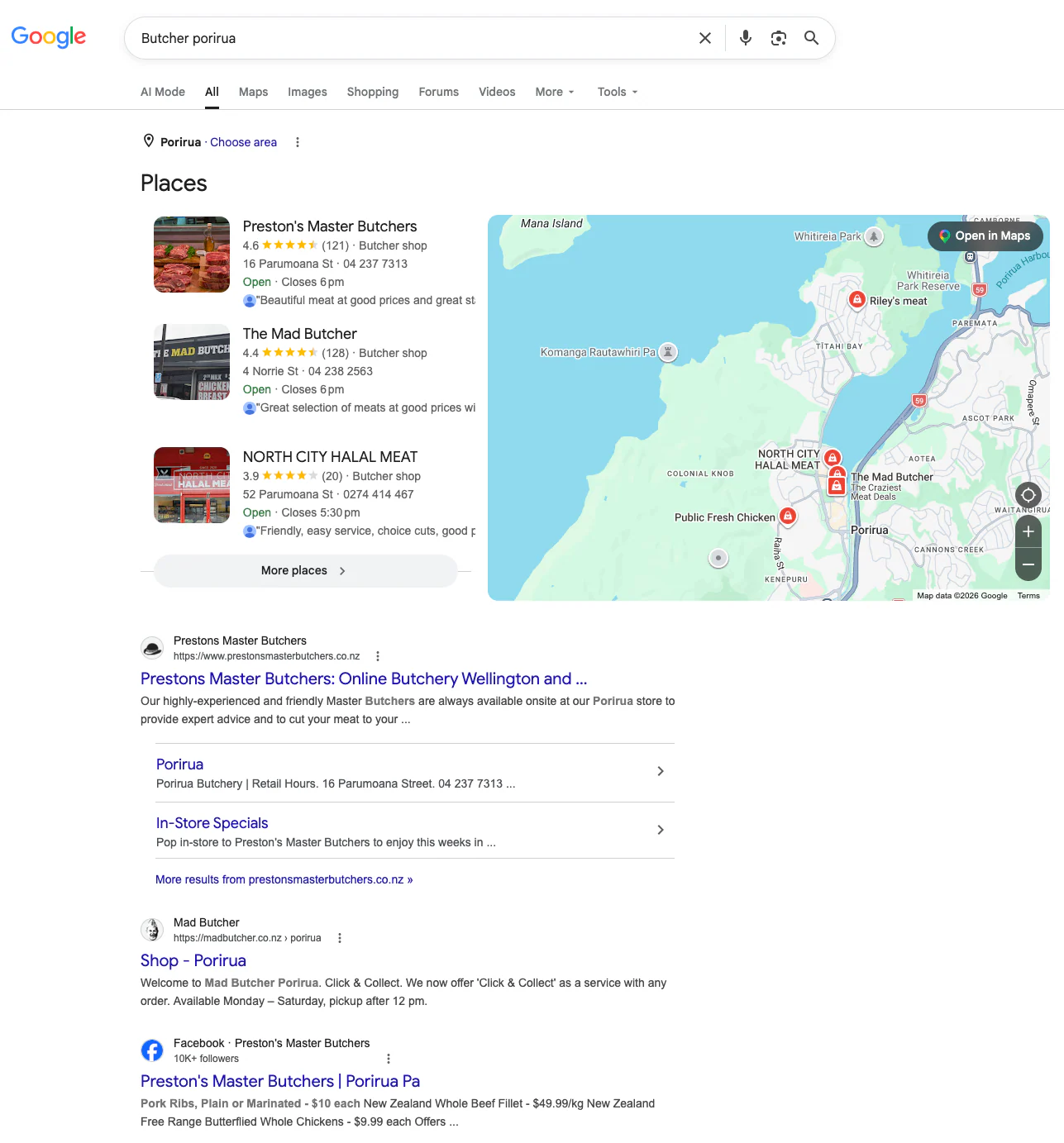 Google Search screenshot for butcher Porirua showing Prestons Master Butchers first in the places pack and organic results.