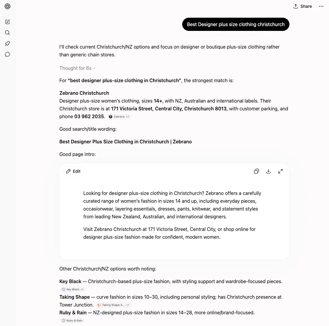 ChatGPT screenshot for best designer plus-size clothing Christchurch showing a recommendation and page wording suggestions.