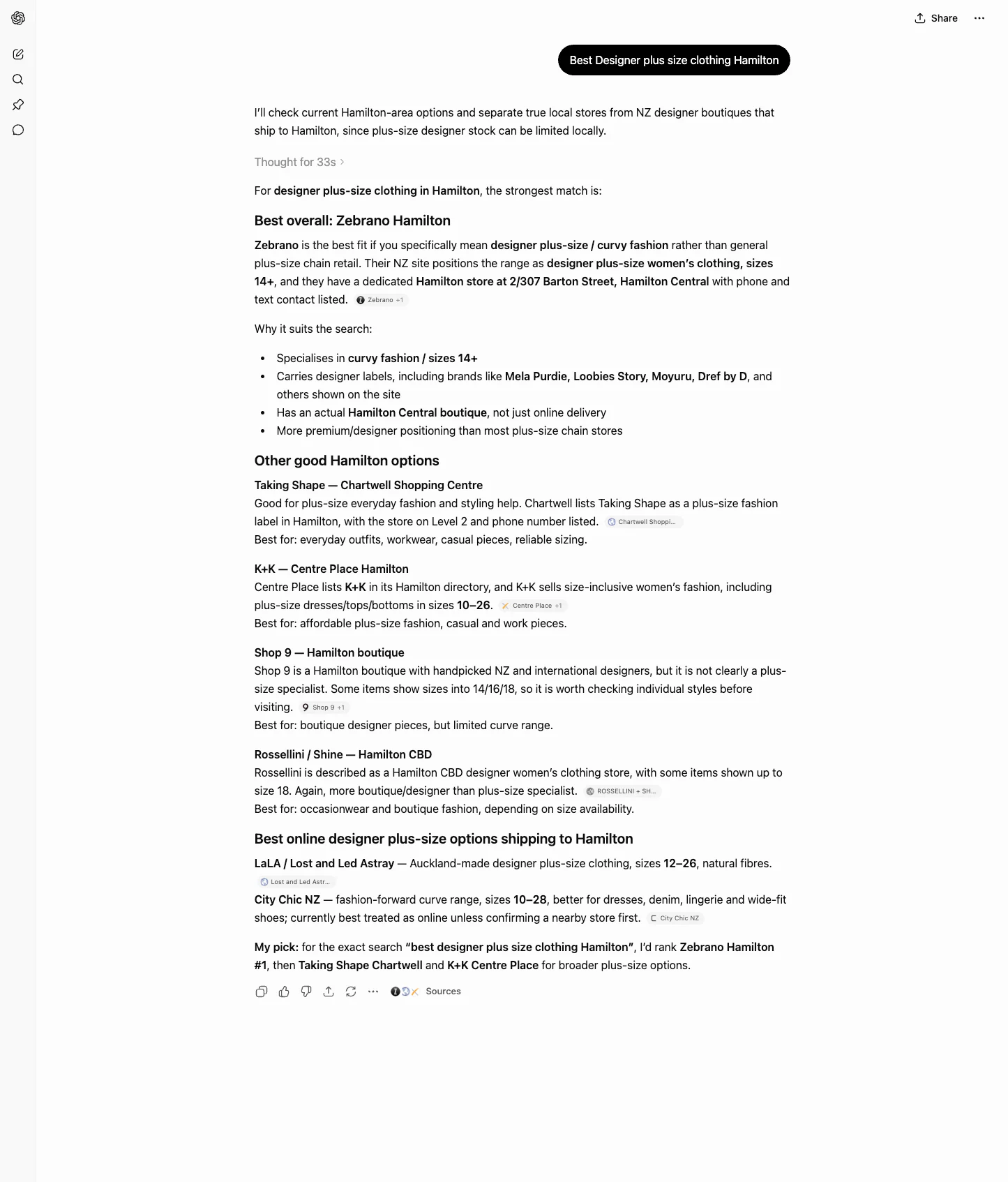 ChatGPT screenshot for best designer plus-size clothing Hamilton showing Zebrano Hamilton as the best overall recommendation.