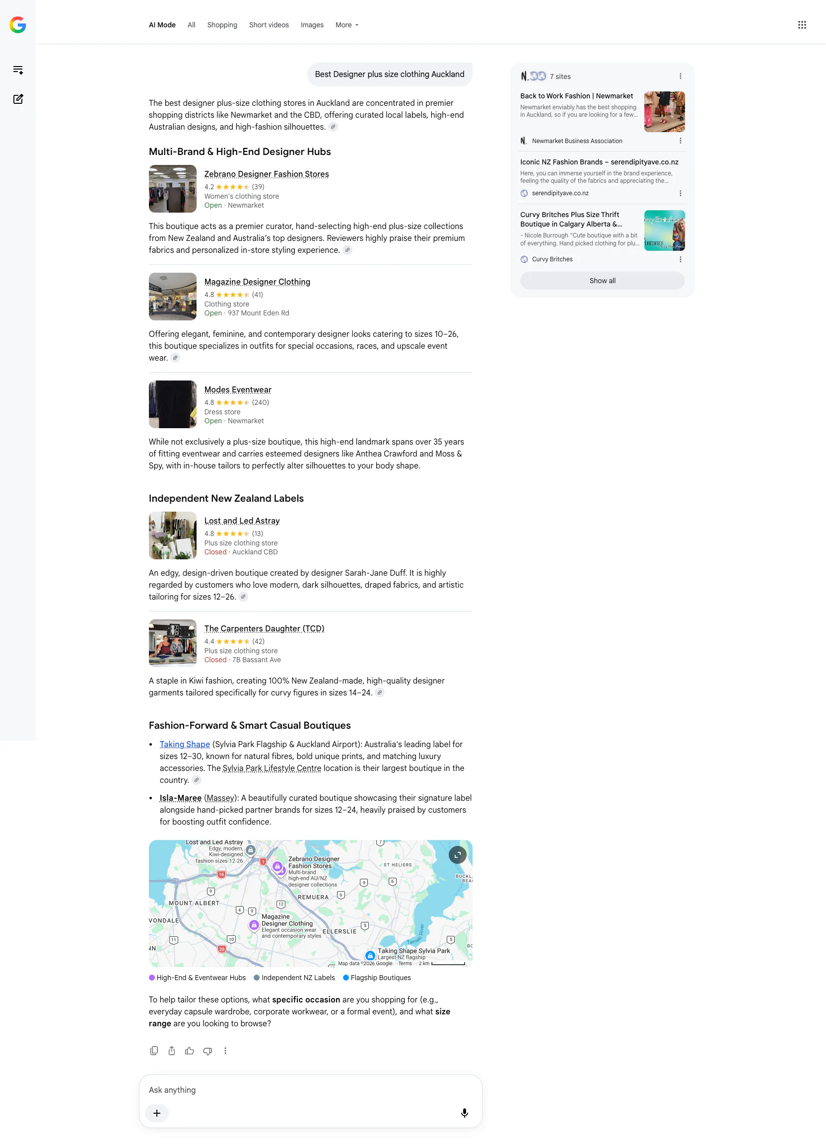 Google AI Mode screenshot for best designer plus-size clothing Auckland showing Zebrano as a designer fashion option.
