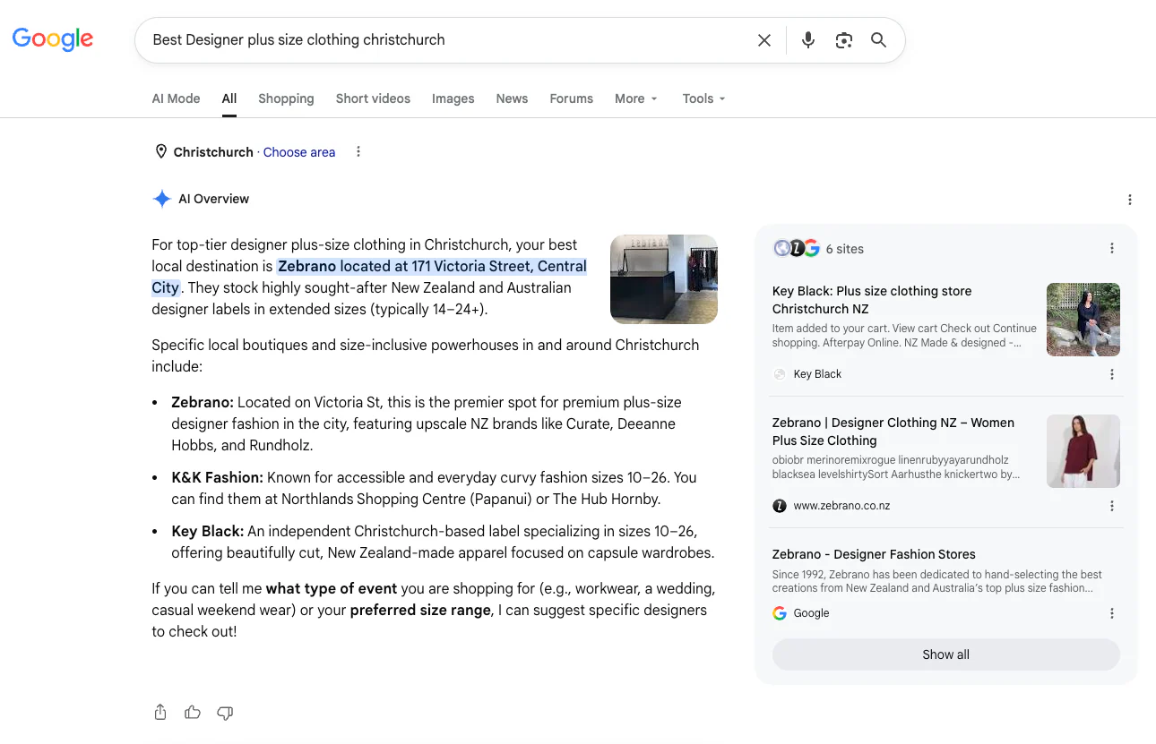 Google AI Overview screenshot for best designer plus-size clothing Christchurch showing Zebrano named with local context.