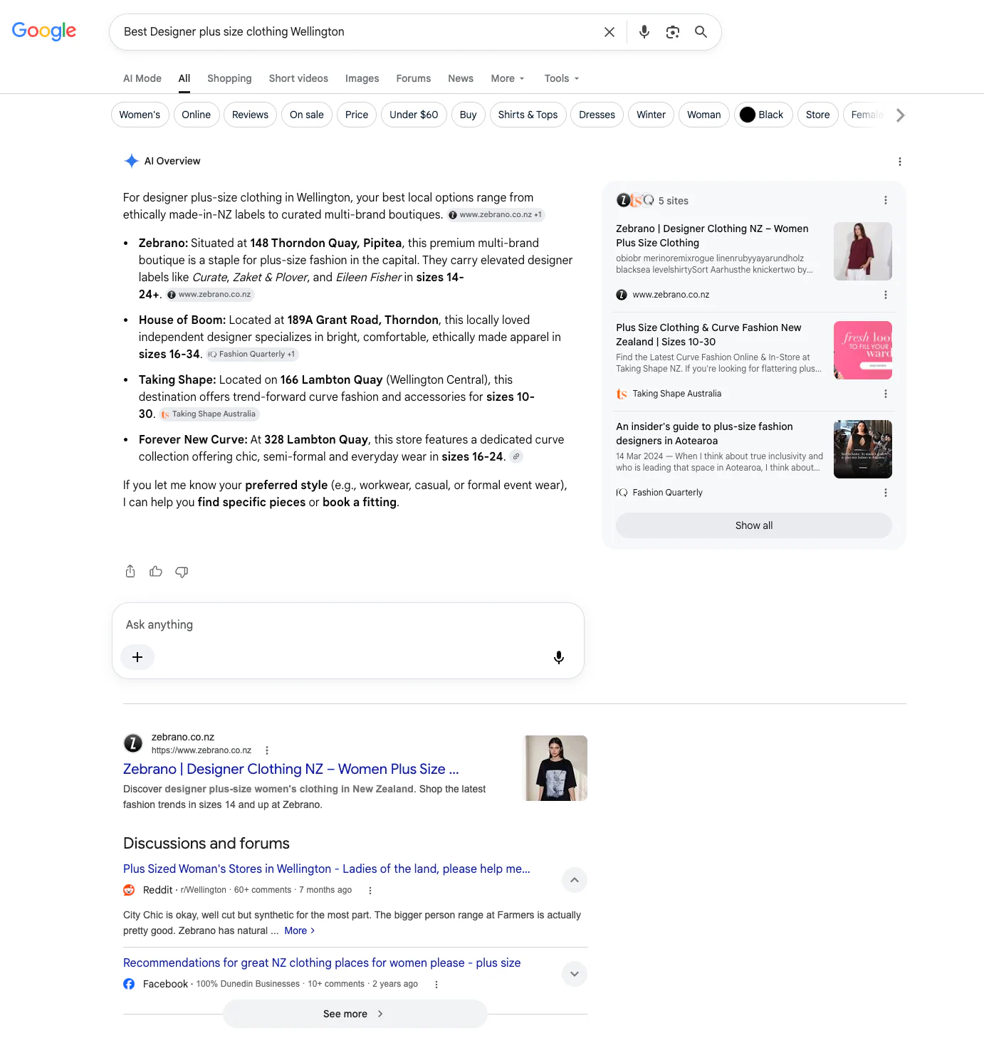 Google AI Overview screenshot for best designer plus-size clothing Wellington showing Zebrano in the answer and source panel.