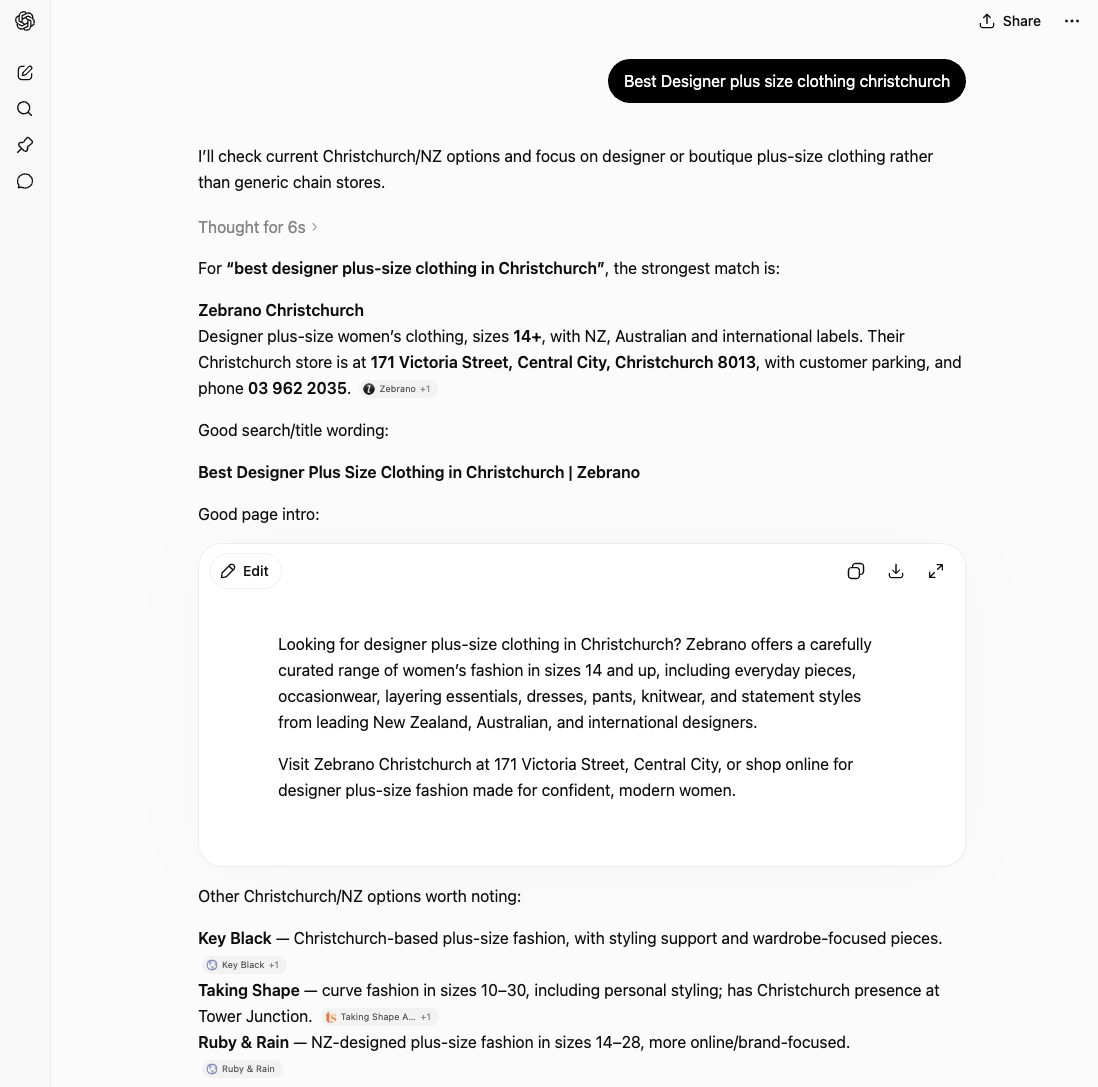 Screenshot of a ChatGPT answer naming a Christchurch plus-size clothing business because it has clear service, location, contact and comparison details.