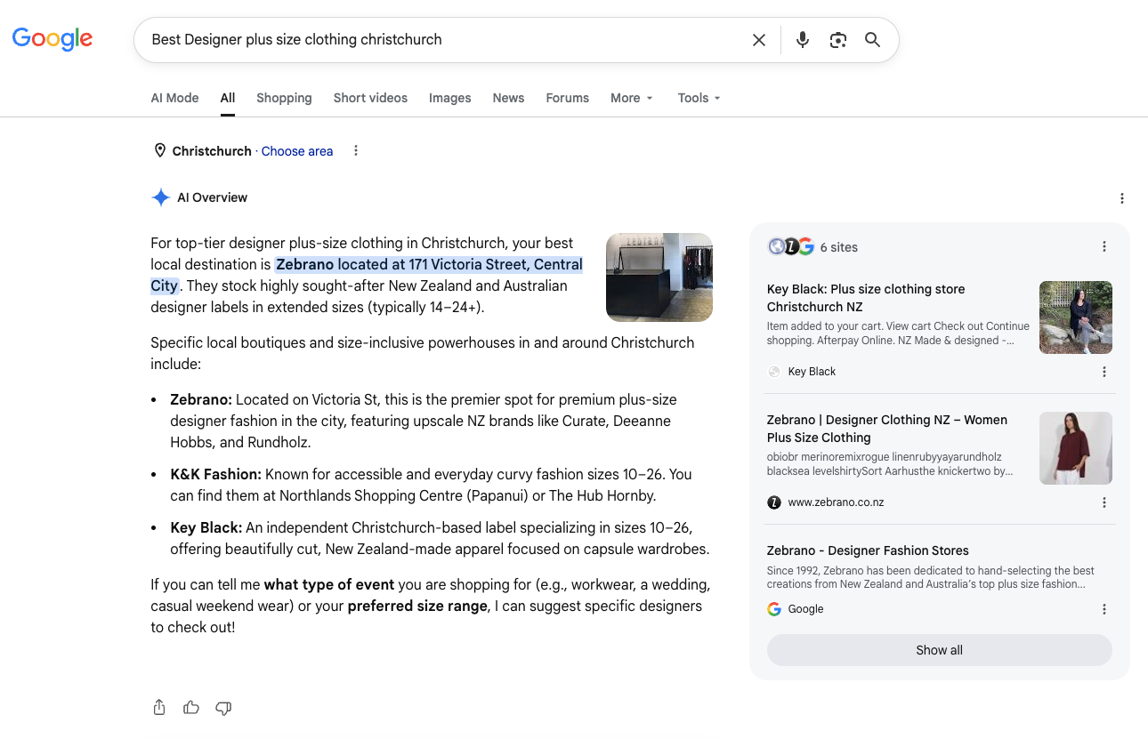 Screenshot of a Google AI Overview for the query best designer plus-size clothing Christchurch naming Zebrano with local context.