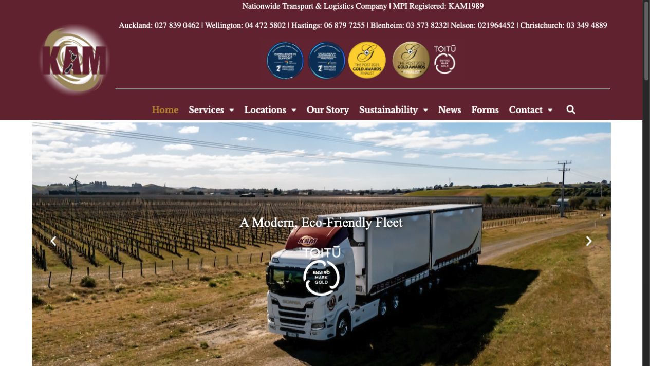 KAM Transport website showing a New Zealand logistics fleet, locations, services and industry credentials.