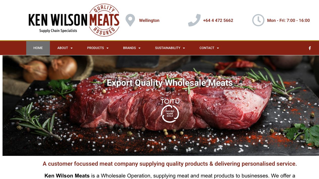 Ken Wilson Meats website showing export-quality wholesale meat, Wellington contact details and locally sourced products.