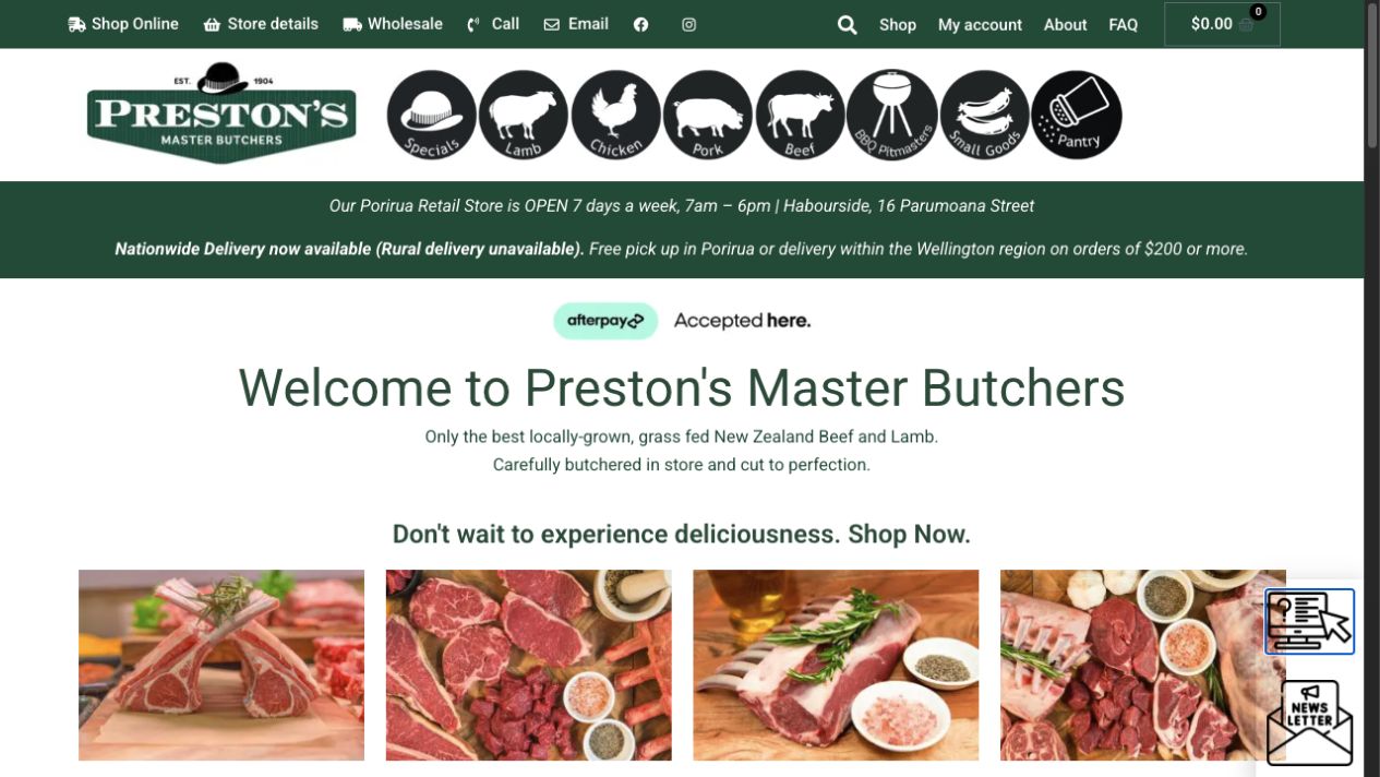 Prestons Master Butchers website showing online shopping categories, Porirua store information and meat products.