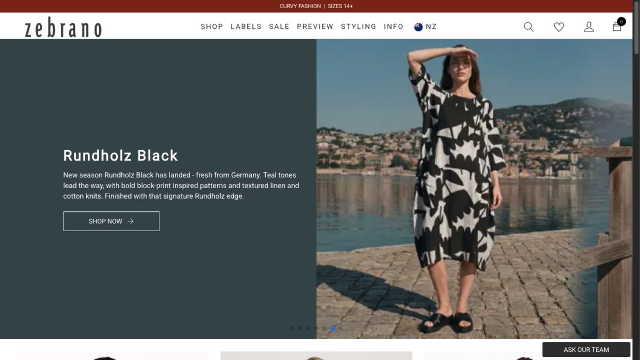 Zebrano website showing designer fashion, product navigation and a featured clothing collection.